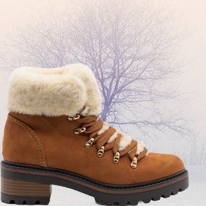 Bamboo Edison Faux Fur Hiking Lug Sole Heel Boot